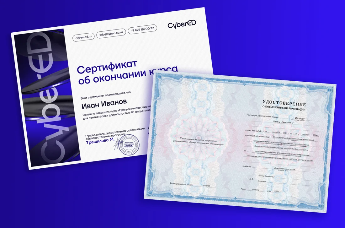 Диплом о профессиональной переподготовке и сертификат CyberED